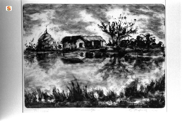 Paesaggio, paesaggio con fattoria (stampa) di Asquer G. (sec. XX)