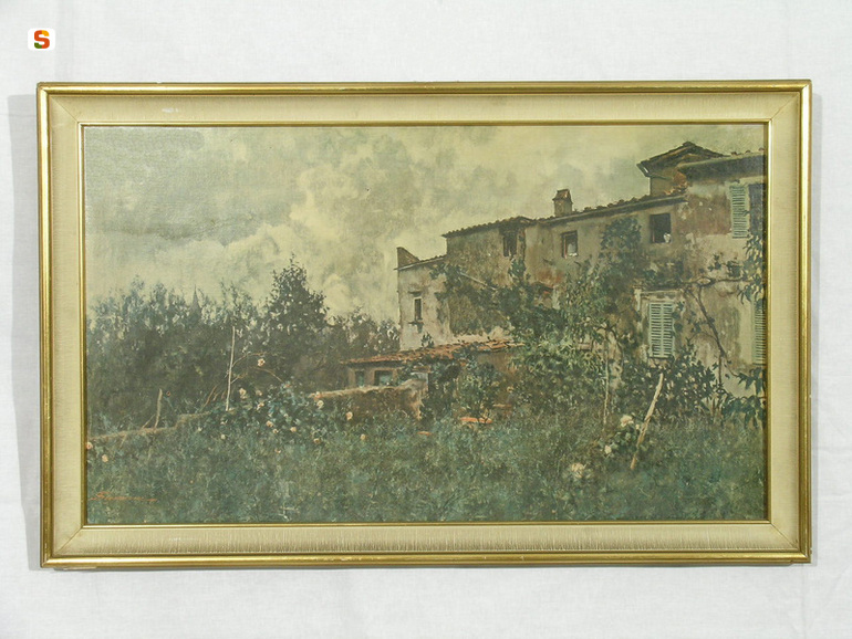 Pioggia d'estate, paesaggio con case (stampa) (sec. XX)