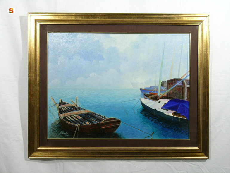 La barca rossa, veduta (dipinto) di Puddu Andrea (sec. XX)