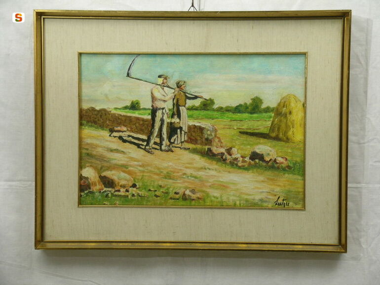 Due contadini rientrano dal lavoro, scena campestre (dipinto) di Lutzu Giovanni (sec. XX)