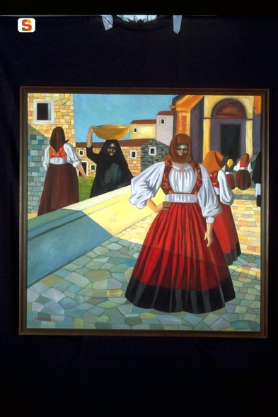 Vita paesana, figure femminili in costume (dipinto) di Figus Bachisio (sec. XX)