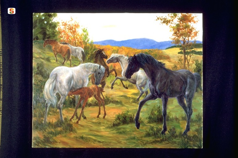 Ritratto di gruppo, cavalli (dipinto) di Brandi (sec. XX)