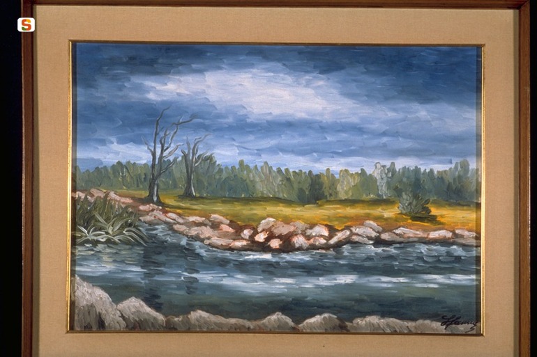 Fiume, paesaggio fluviale (dipinto) di Sanna Luisetta (sec. XX)