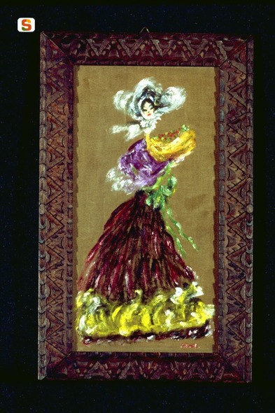 Dama con fiori, figura femminile (dipinto) di Lallai Silvana (sec. XX)