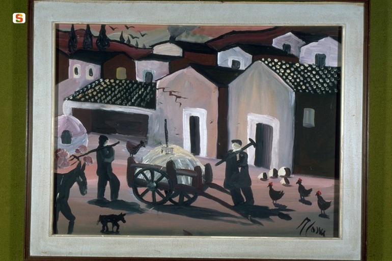 paesaggio con figure e animali (dipinto) di Cossu Antonio (sec. XX)