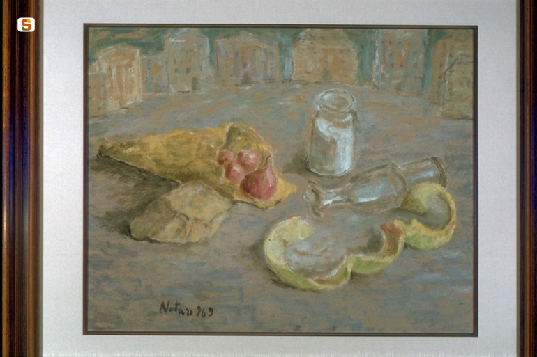 Bucce di mele con paesaggio, natura morta (dipinto) di Notari Guido (sec. XX)