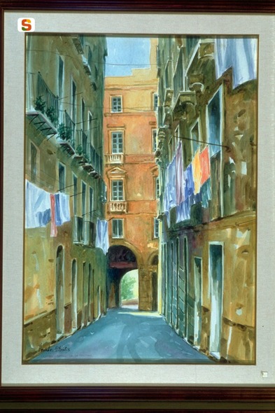 Cagliari Castello via La Marmora, veduta di città (dipinto) di Pitzalis Mercedes (sec. XX)