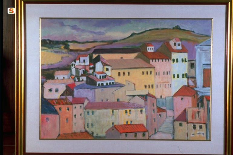 Verso il Rosario, veduta di paese (dipinto) di Comida Luigi (sec. XX)