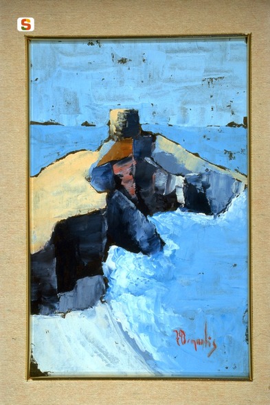 Marina, paesaggio marino con torre costiera (dipinto) di Demontis Francesco (sec. XX)