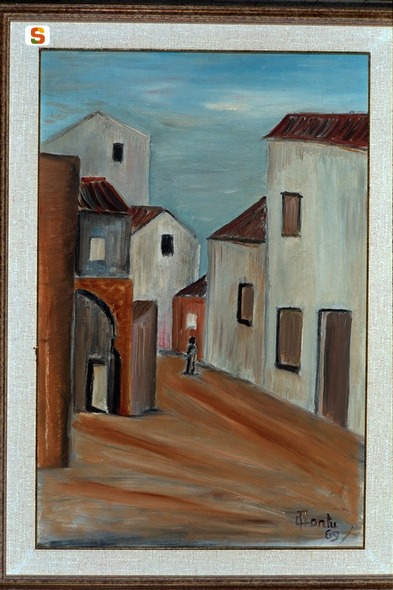 Strada sangavinese, scorcio di paese (dipinto) di Contu Antonio Luigi (sec. XX)