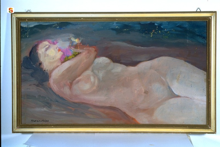 Nudo sdraiato, figura femminile (dipinto) di Mulas Mariano (sec. XX)