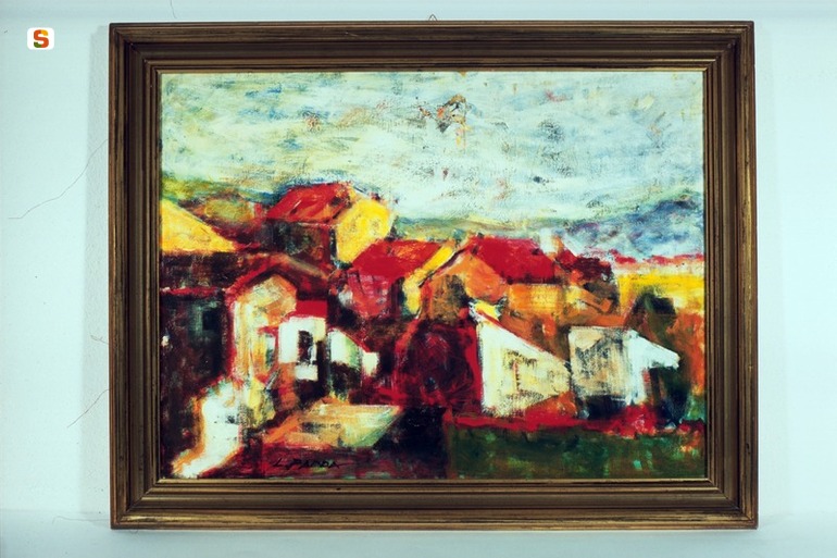 Paesaggio con tetti rossi, paesaggio (dipinto) di Fadda Leonida (sec. XX)