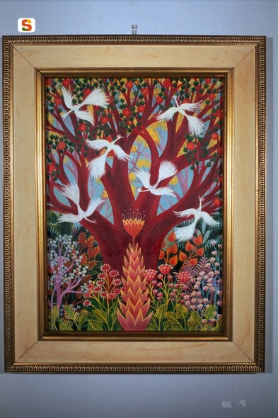 Il fiore dell'amore, paesaggio con albero// fiori// uccelli (dipinto) di Jordanov Dimitri (sec. XX)