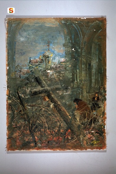 Chiesa del silenzio, devoti in preghiera (dipinto) di Boi Giuseppe (sec. XX)