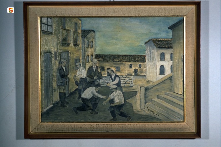 Sa Murra, veduta di paese// figure maschili che giocano (dipinto) di Cossu Giuseppino (sec. XX)