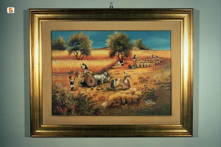 Mietitura, scena campestre con figure (dipinto) di Serra Veronica (sec. XX)