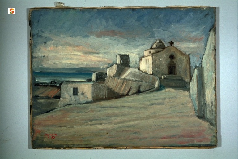 Chiesa al tramonto, veduta di paese (dipinto) di Inzaina Salvatore (sec. XX)