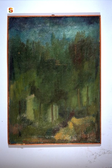 Bosco, paesaggio con alberi e casa (dipinto) di Macciani Buti Ada (sec. XX)