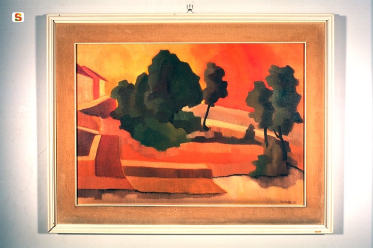 Ingresso al paese, paesaggio (dipinto) di Laudadio Vittorio (sec. XX)