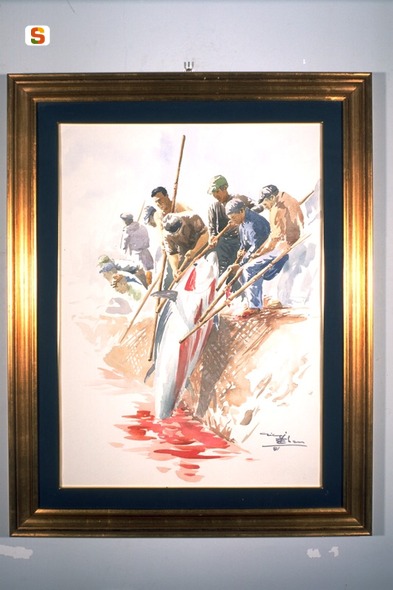 pescatori con la rete (dipinto) di Ebau C. (sec. XX)