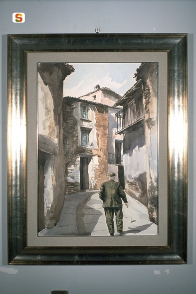 veduta di paese// figura maschile (dipinto) di Leo (sec. XX)