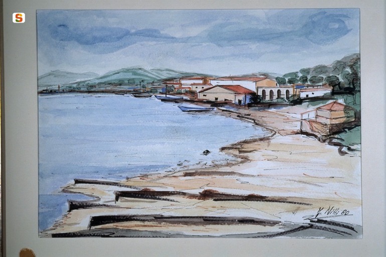 Case sulla spiaggia, paesaggio marino (dipinto) di Nitti Felice (sec. XX)