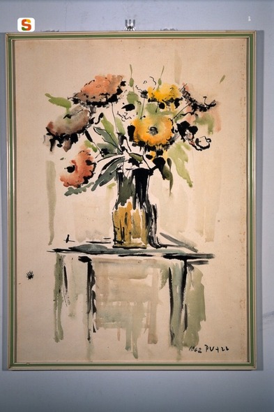Fiori, vaso con fiori (dipinto) di Putzu Paola (sec. XX)