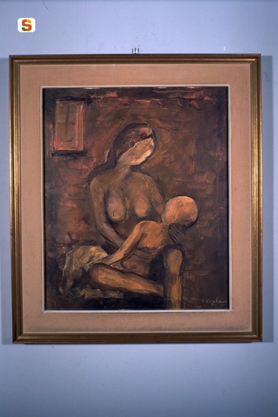 Bimbo morente, figura femminile con bambino (dipinto) di Crabu Franco (sec. XX)