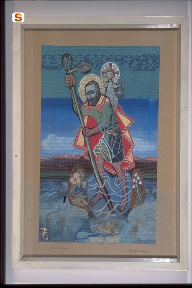 San Cristoforo, San Cristoforo guada il fiume con Gesù Bambino sulle spalle (dipinto) di Gottard A. Giuseppe (sec. XX)
