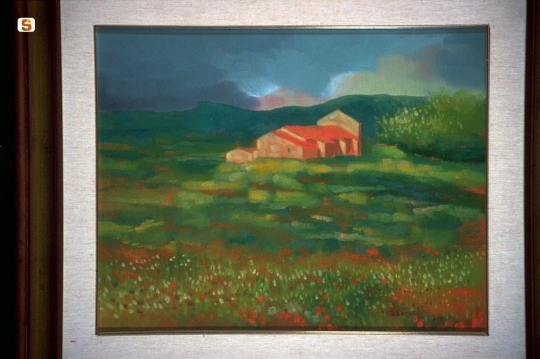 paesaggio campestre// chiesa (dipinto) di Cherveddu (sec. XX)