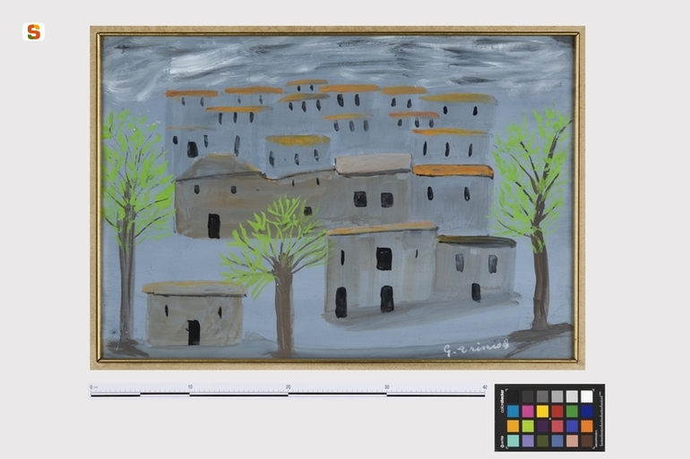paesaggio con alberi e case (dipinto) di Trincas G. (sec. XX)