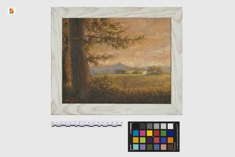 Al tramonto, paesaggio con albero e case (dipinto) di Renzi Massimo (sec. XXI)