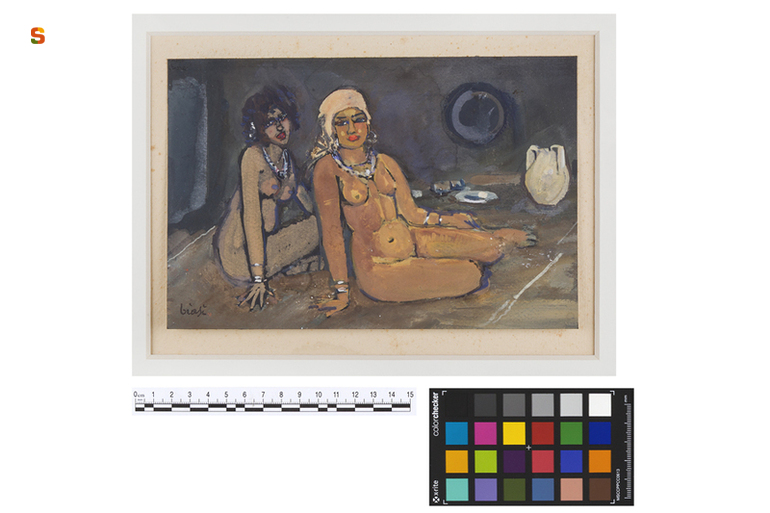 Due nudi seduti, figure femminili nude in un interno (dipinto) di Biasi Giuseppe (sec. XX)