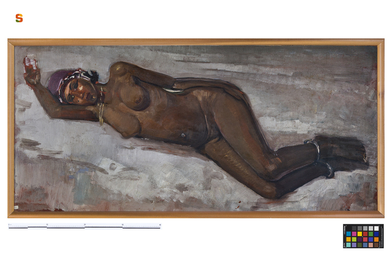 Nudo sdraiato// Nudo di ragazza (Negra sdraiata), figura femminile nuda (dipinto) di Biasi Giuseppe (sec. XX)