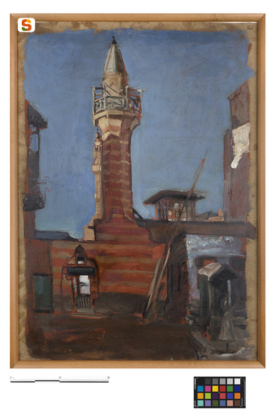 Minareto, luogo di culto (dipinto) di Biasi Giuseppe (sec. XX)