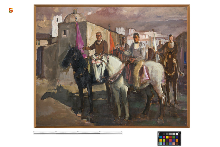 Cavalieri con stendardi, festa liturgica (dipinto) di Biasi Giuseppe (sec. XX)