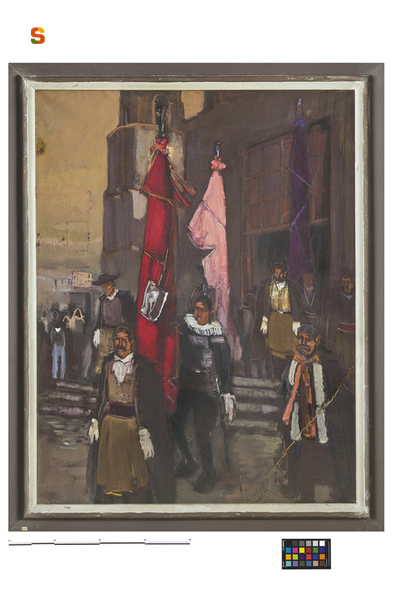 Obrieri con stendardi, parata in costume (dipinto) di Biasi Giuseppe (sec. XX)