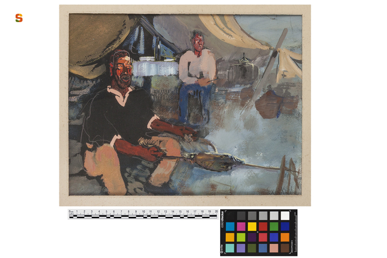 Lo spiedo, scena campestre con figure (dipinto) di Biasi Giuseppe (sec. XX)