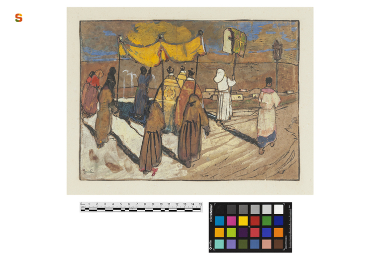 Processione del Corpus Domini a Torpè, processione religiosa (dipinto) di Biasi Giuseppe (sec. XX)