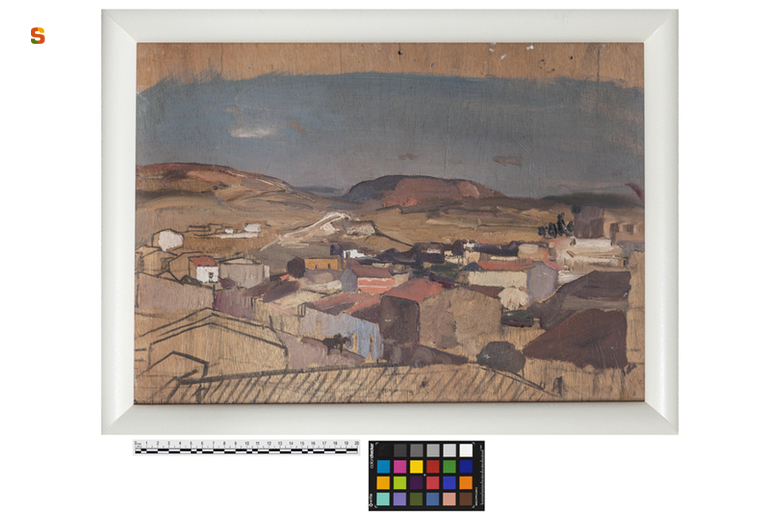 Studio di paesaggio, Logudoro, paesaggio con case (dipinto) di Biasi Giuseppe (sec. XX)