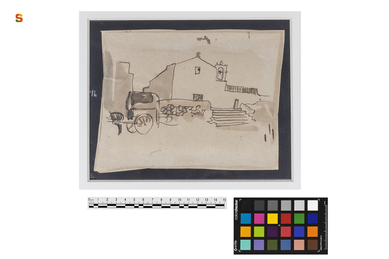 paesaggio con chiesa e case (disegno) di Biasi Giuseppe (sec. XX)