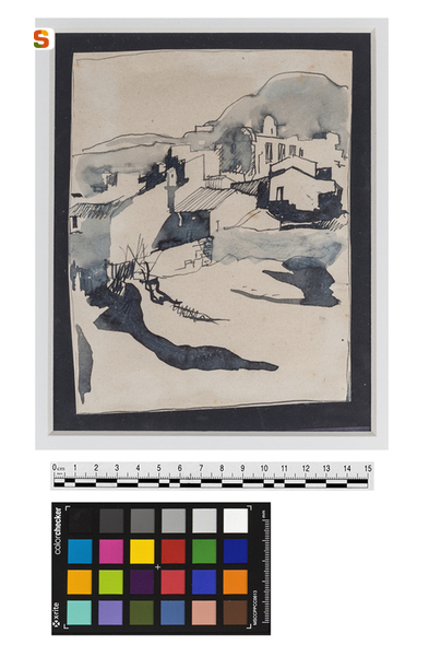 paesaggio con chiesa e case (disegno) di Biasi Giuseppe (sec. XX)