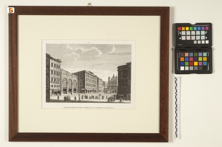 Loggia dei Banchi e Chiesa di S.Pietro in Genova, veduta di Genova (stampa) (sec. XIX)