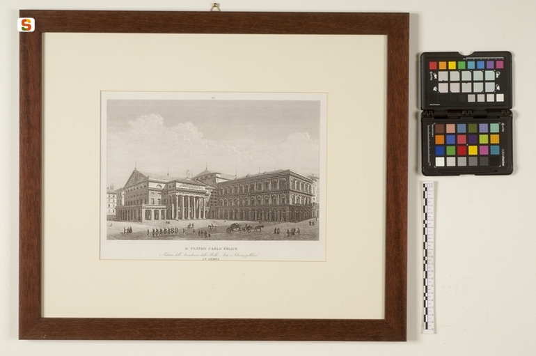 R. Teatro Carlo Felice. Palazzo dell'Accademia di Belle Arti e Libreria pubblica in Genova, veduta di Genova (stampa) (sec. XIX)