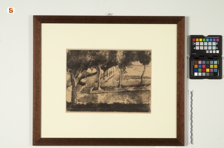 Paesaggio urbinate, paesaggio con alberi (stampa) di Sorini Emiliano// Sorini Emiliano// Sorini Emiliano (sec. XX)