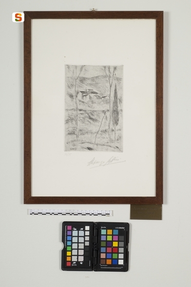 Casa del Fuccioli, paesaggio con alberi e casa (stampa) di Soffici Ardengo// Soffici Ardengo// Soffici Ardengo (sec. XX)