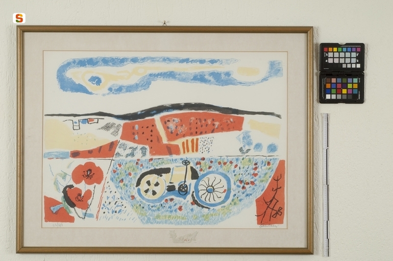 bicicletta e papaveri in un paesaggio fantastico (stampa a colori) (sec. XX)