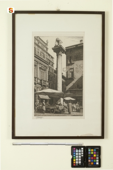 Piazza Erbe di Verona, veduta di Piazza delle Erbe a Verona (stampa) di Mainini Giuseppe// Mainini Giuseppe// Mainini Giuseppe (sec. XX)