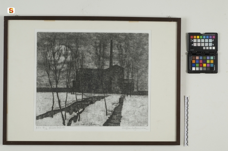 Pianura lombarda, paesaggio con alberi e casa (stampa) di Bianchi Barriviera Lino// Bianchi Barriviera Lino// Bianchi Barriviera Lino (sec. XX)