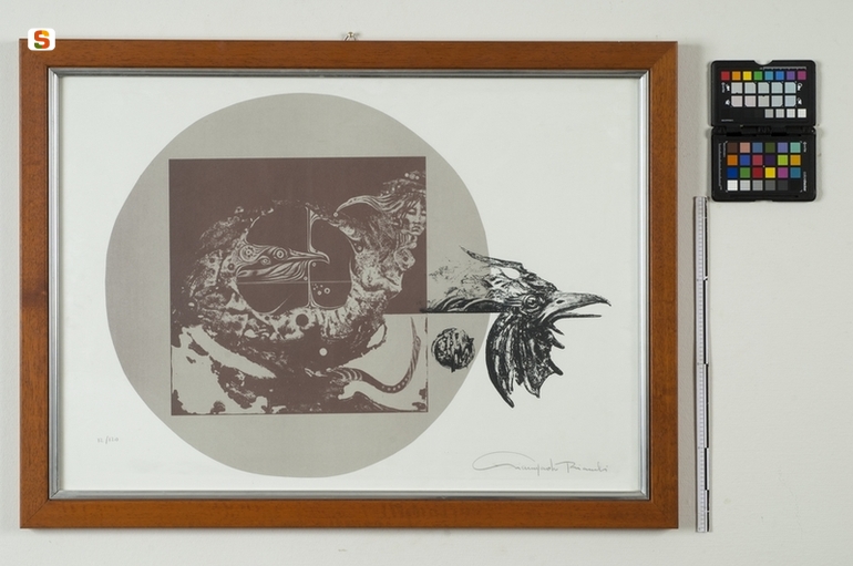 Leda, figura femminile con testa di gallo in contesto surreale (stampa a colori) di Bianchi Giampaolo// Bianchi Giampaolo// Bianchi Giampaolo (sec. XX)